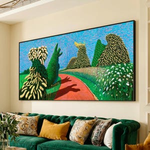 Whimsical Topiary Sculptures Canvas, Colorful Garden Pathway Wall Art, Modern Nature Landscape Canvas for Home Decor
