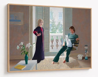David Hockney, David Hockney, David Hockney, Moderne Innenszene Leinwand Wandkunst, Frau und Mann mit Katze, zeitgenössisches Wohndekor, natürlich