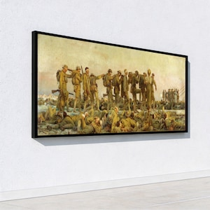 Könnte beinhalten: Ein rechteckiger gerahmter Wandkunstdruck mit einem historischen Gemälde von Soldaten in beigen Uniformen, die auf einem Schlachtfeld stehen und liegen. Die Szene zeigt eine Gruppe von Figuren in militärischer Ausrüstung, einige davon verbunden.
