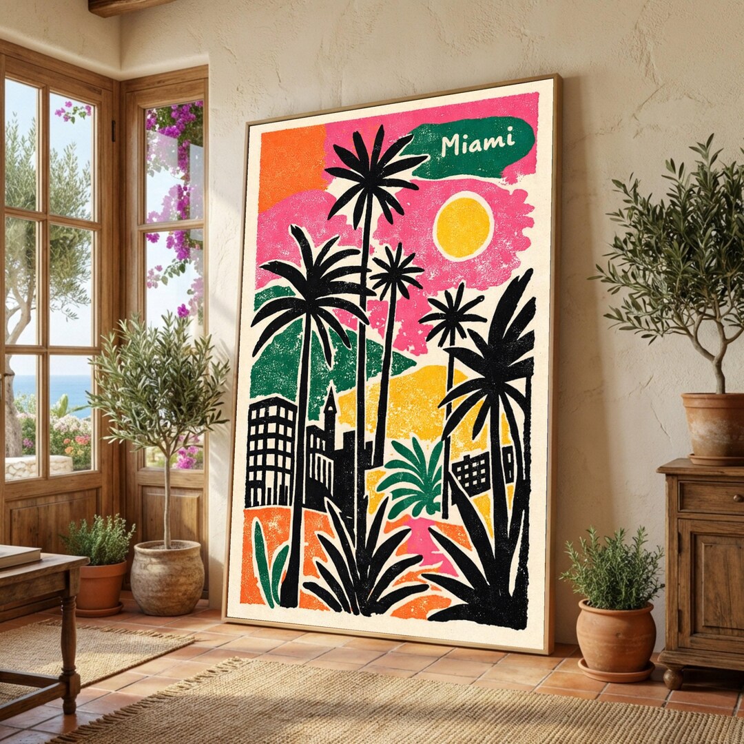 Miami Tree Posters Examples Vintage Miami Palm Tree Poster, Mid Century Coastal Serigraph Print ...