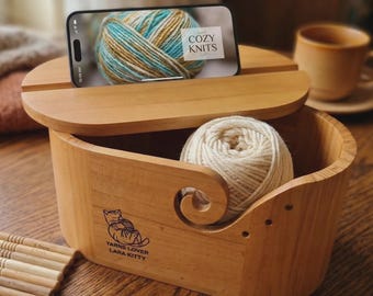 Bol grande de madera personalizado para lana con soporte para teléfono / Organizador personalizado para tejer y hacer ganchillo / Regalo del Día de la Madre para tejedoras