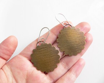 Flower Brass Dangle Earrings, Sterling Silver Wires