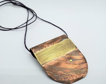 Contemporary pendant, mixed metals pendant, metalsmith pendant, textured copper and brass