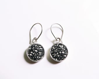 round silver earrings, handmade silver earrings, silver and fabric earrings, black and white silver earrings