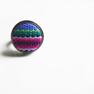 sterling silver ring and fabric button, peruvian jewelry, ring size 7