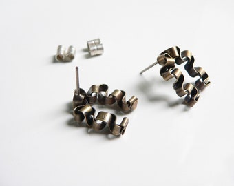 brutalist earrings, 3D jewelry, Folding jewellery, Stud brass earrings