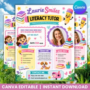 Op de afbeelding: Een kleurrijke flyer voor een lees- en schrijftutor, met illustraties van boeken, potloden en een lachende vrouw. De flyer bevat informatie over aangeboden diensten, contactgegevens en de tekst "Laurie Smiles Literacy Tutor."