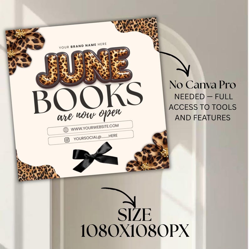 Leopard June Booking Flyer Canva Template, Cheetah Cow Print Beauty Flyer, Hair Nails Lashes Makeup Books Open, DIY text, instant download
