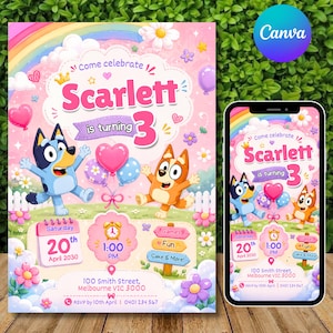 May include: A birthday invitation featuring a cartoon design with a rainbow, flowers, and balloons. The invitation reads "Come celebrate Scarlett is turning 3" with event details. A smartphone displays the same design.