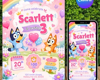 Invitación de cumpleaños con perro azul de dibujos animados, plantilla editable de Canva, invitación para fiesta infantil, texto personalizable, descarga digital.