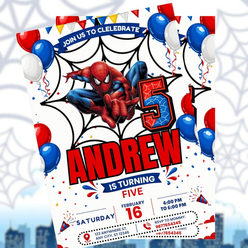 5th Birthday Superhero Invitation Template, Spider Birthday Party Invite, Editable Canva Birthday Invitation, Comic Hero Party Invite