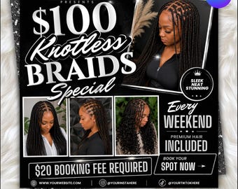 Plantilla de folleto de trenzas sin nudos, lista de precios de trenzas editable, folleto de ofertas especiales de peluquería, plantilla de belleza de Canva