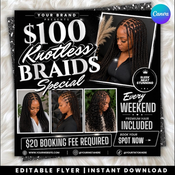 Knotless  Braids Flyer Template, Editable Braids Price List, Hair Salon Special Deals Flyer, Canva Beauty Template