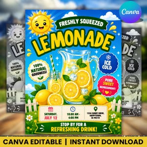 Könnte beinhalten: Ein farbenfroher Flyer für einen Limonadenstand mit einer Glaskaraffe und einem Glas, gefüllt mit gelber Limonade, Eiswürfeln und Zitronenscheiben. Der Text lautet Freshly Squeezed Lemonade, 100% Natural Goodness, Ice Cold, Pure Sweet Refreshment, July 12.