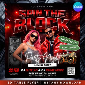 Könnte beinhalten: Rote und schwarze Party-Flyer mit dem Text "SPIN THE BLOCK". Der Flyer zeigt zwei Personen, einen Lautsprecher und eine Boombox. Der Text enthält "Party Night", "DJ ELITE XO & DJ PRIME MODE" und "FREE DRINK ALL NIGHT."