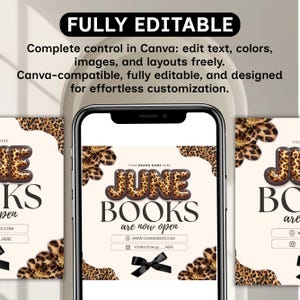 Leopard June Booking Flyer Canva Template, Cheetah Cow Print Beauty Flyer, Hair Nails Lashes Makeup Books Open, DIY text, instant download