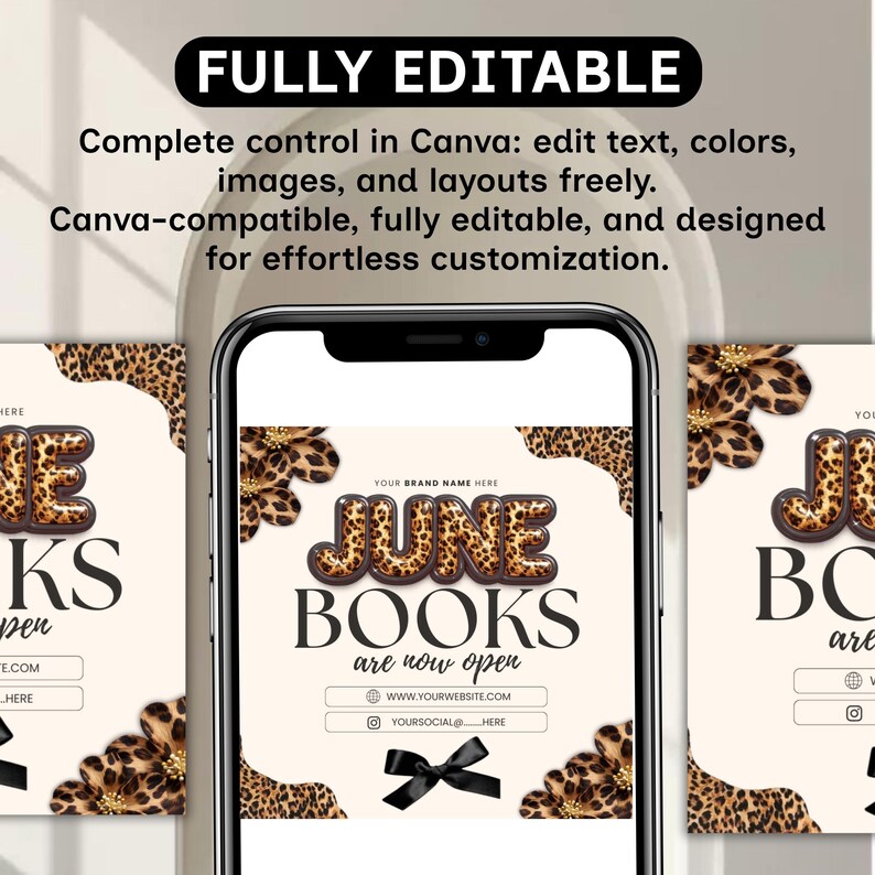Leopard June Booking Flyer Canva Template, Cheetah Cow Print Beauty Flyer, Hair Nails Lashes Makeup Books Open, DIY text, instant download