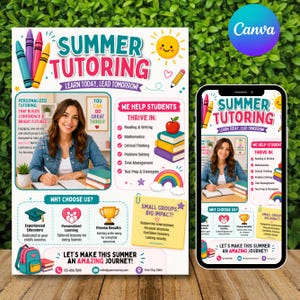 May include: A flyer for summer tutoring featuring a smiling person in a denim shirt, colorful crayon illustrations, a stack of books, a rainbow, and a sun. The text reads Summer Tutoring, Learn Today, Lead Tomorrow, and Small Groups, Big Impact.