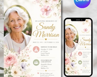 Invitación conmemorativa moderna, plantilla para anuncio de funeral y obituario, celebración de vida con flores silvestres editable, descarga instantánea.
