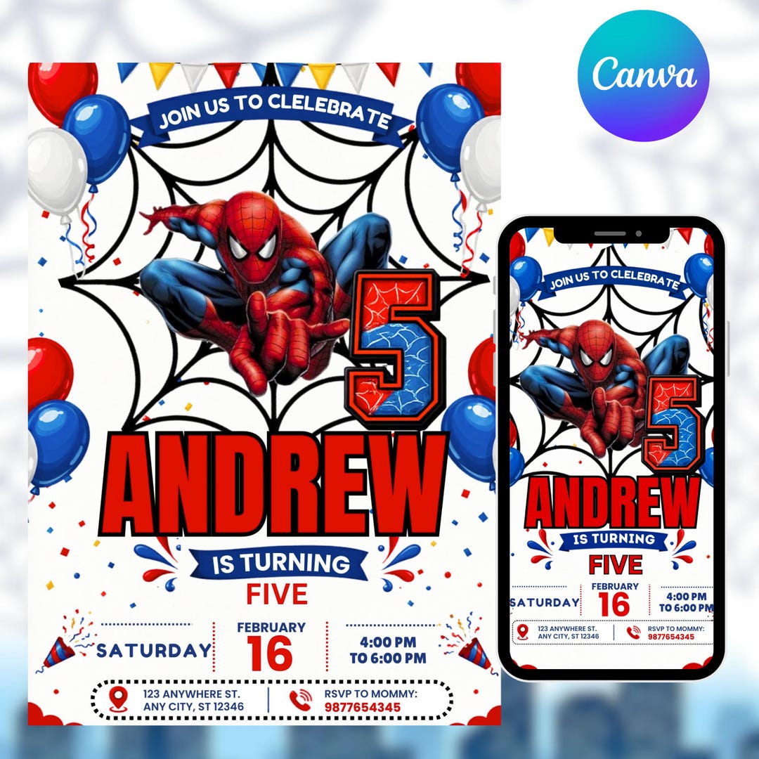 Superhero birthday Invitation Template, Spider Birthday Party Invite, Editable Canva Birth