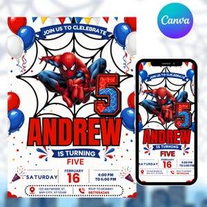 May include: A birthday invitation template featuring a red and blue superhero character, a large number 5, and the text Andrew is turning five. The design includes red, blue, and white balloons, a spiderweb graphic, and event details for February 16.