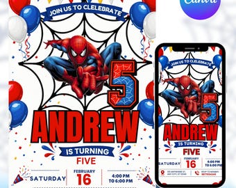 Superhero birthday Invitation Template, Spider Birthday Party Invite, Editable Canva Birthday Invitation, Comic Hero Party Invite