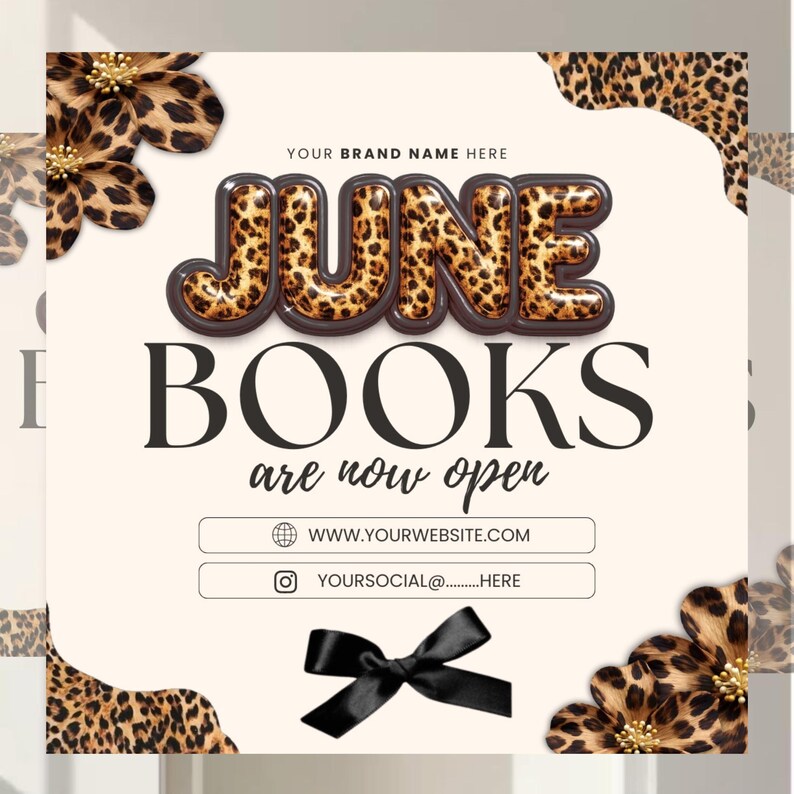 Leopard June Booking Flyer Canva Template, Cheetah Cow Print Beauty Flyer, Hair Nails Lashes Makeup Books Open, DIY text, instant download