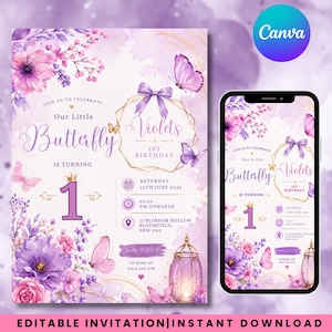 May include: A digital invitation template for a first birthday party featuring purple watercolour flowers, butterflies, a gold geometric frame with a purple bow, and a lantern. The text reads: Join us to celebrate our little butterfly Violet's 1st birthday.