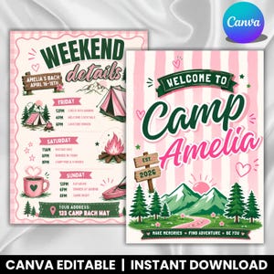May include: Two digital event flyers with a pink and white striped theme. The left flyer lists weekend details for Amelia's Bach, April 16-18th, with camping icons. The right flyer reads Welcome to Camp Amelia, Est. 2026, featuring mountains and trees.