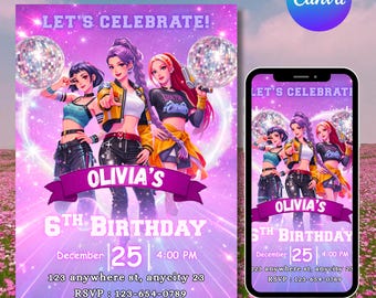 Invitación para fiesta de cumpleaños infantil con temática de cazadores de demonios KPOP, ideal para amantes de la música, plantilla digital de Canva, texto personalizable, descarga instantánea.