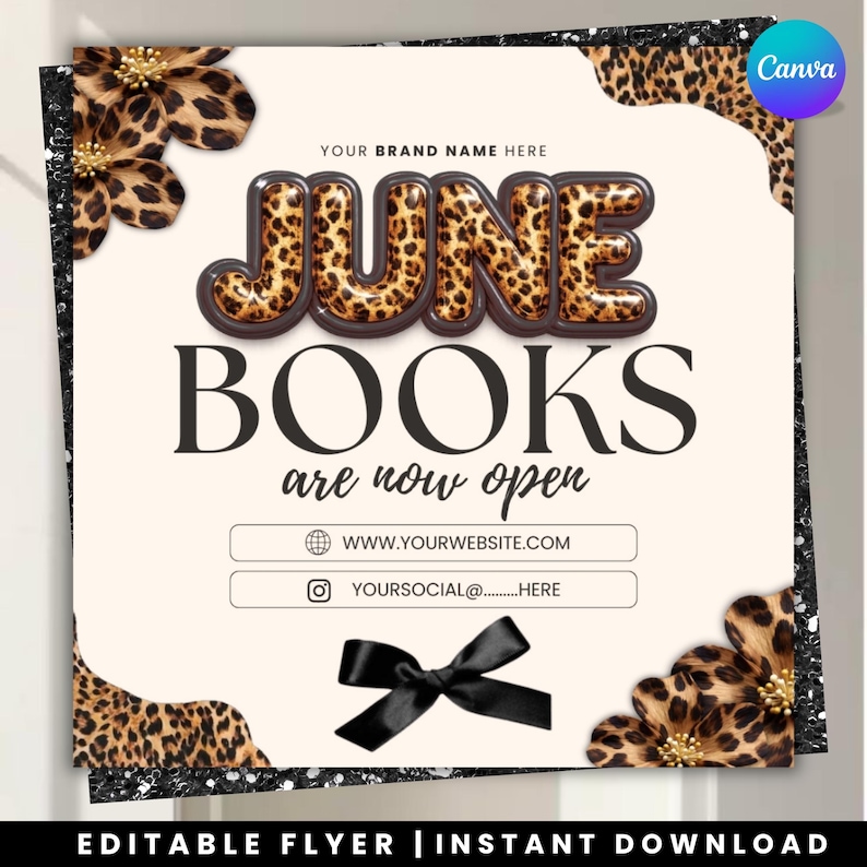 Leopard June Booking Flyer Canva Template, Cheetah Cow Print Beauty Flyer, Hair Nails Lashes Makeup Books Open, DIY text, instant download