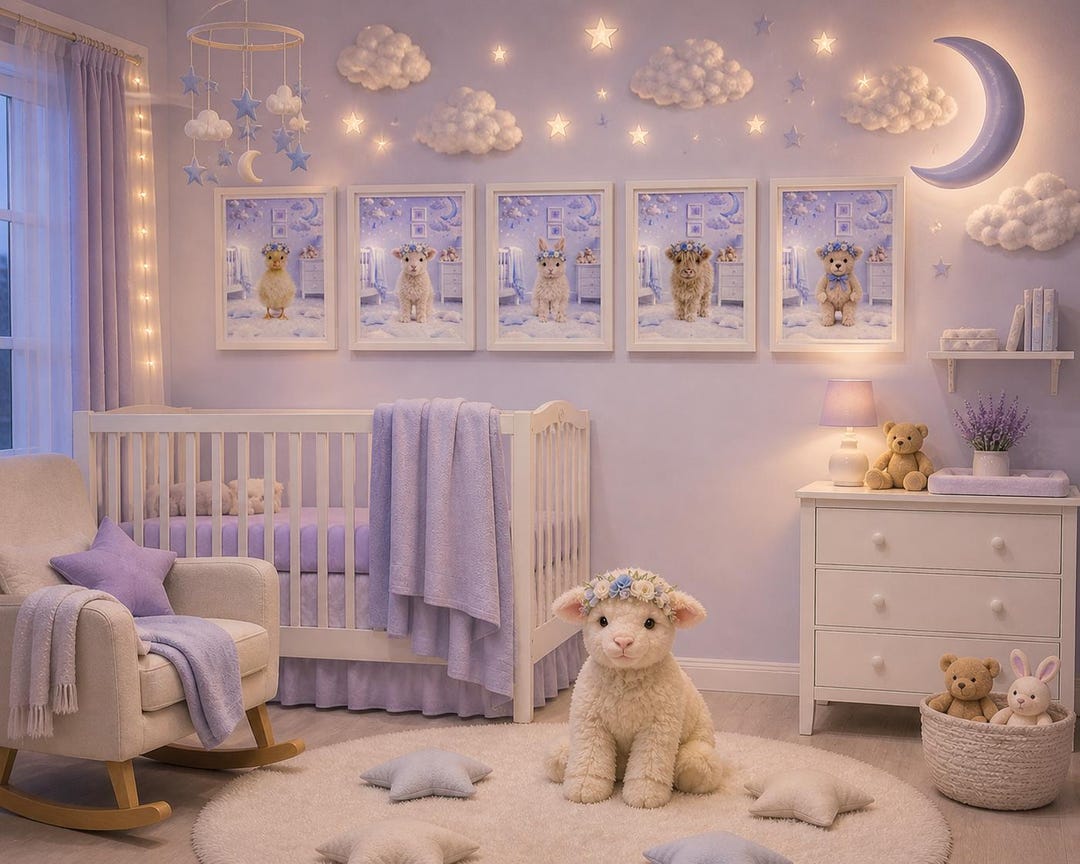 Baby Animal Nursery Wall Art Set of 5, Blue Lavender Nursery Decor ...