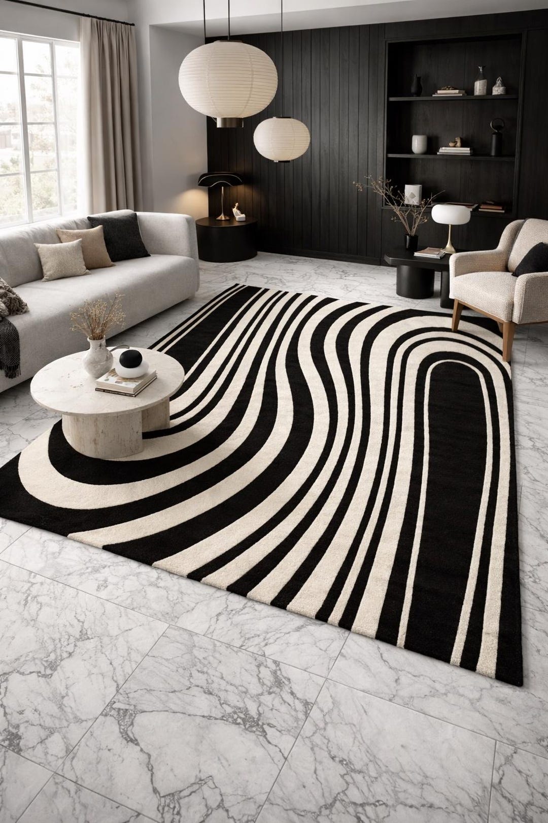 Modern Black White Abstract Rug, Geometric Line Pattern Area Rug ...