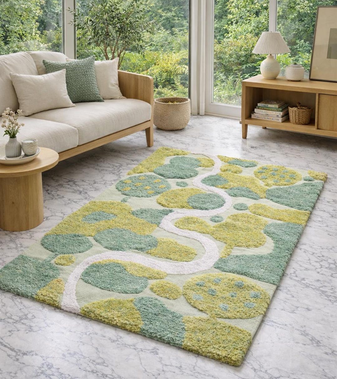 Abstract Green Hand Tufted Rug, Modern Organic Shape Area Rug, Sage ...