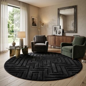 Black Round Tufted Rug, Geometric Maze Pattern Carpet, Modern Minimalist Area Rug, Handmade Wool Rug, 4x4, 5x5, 6x6 ft