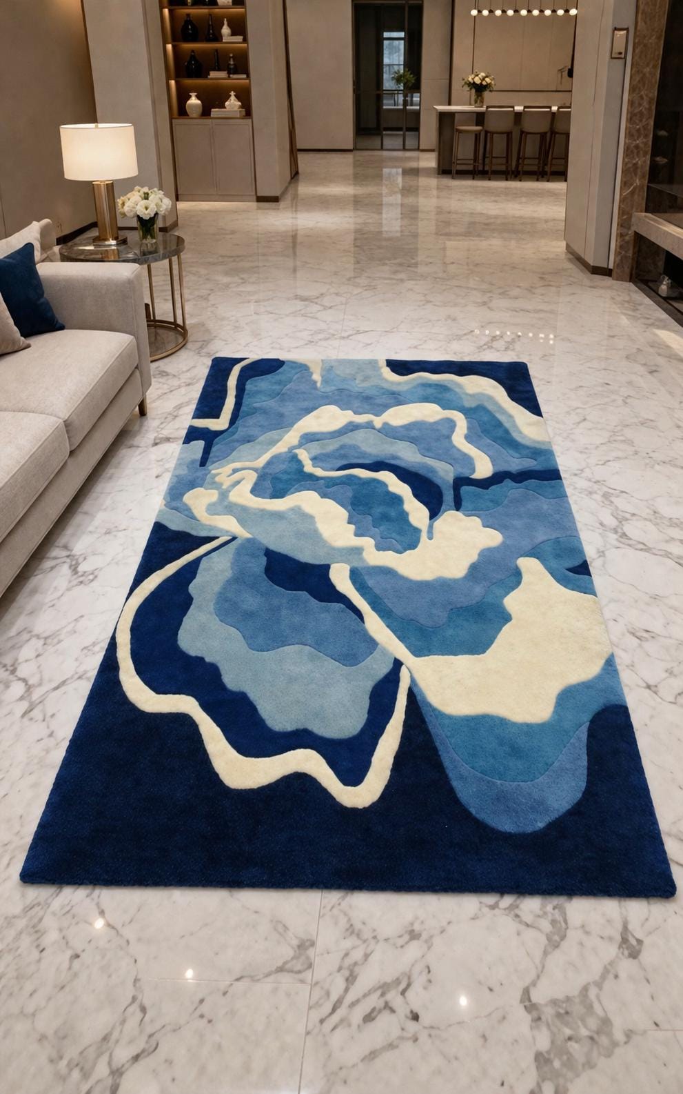 Large Blue Floral Hand Tufted Wool Rug - Abstract Modern Flower Carpet ...