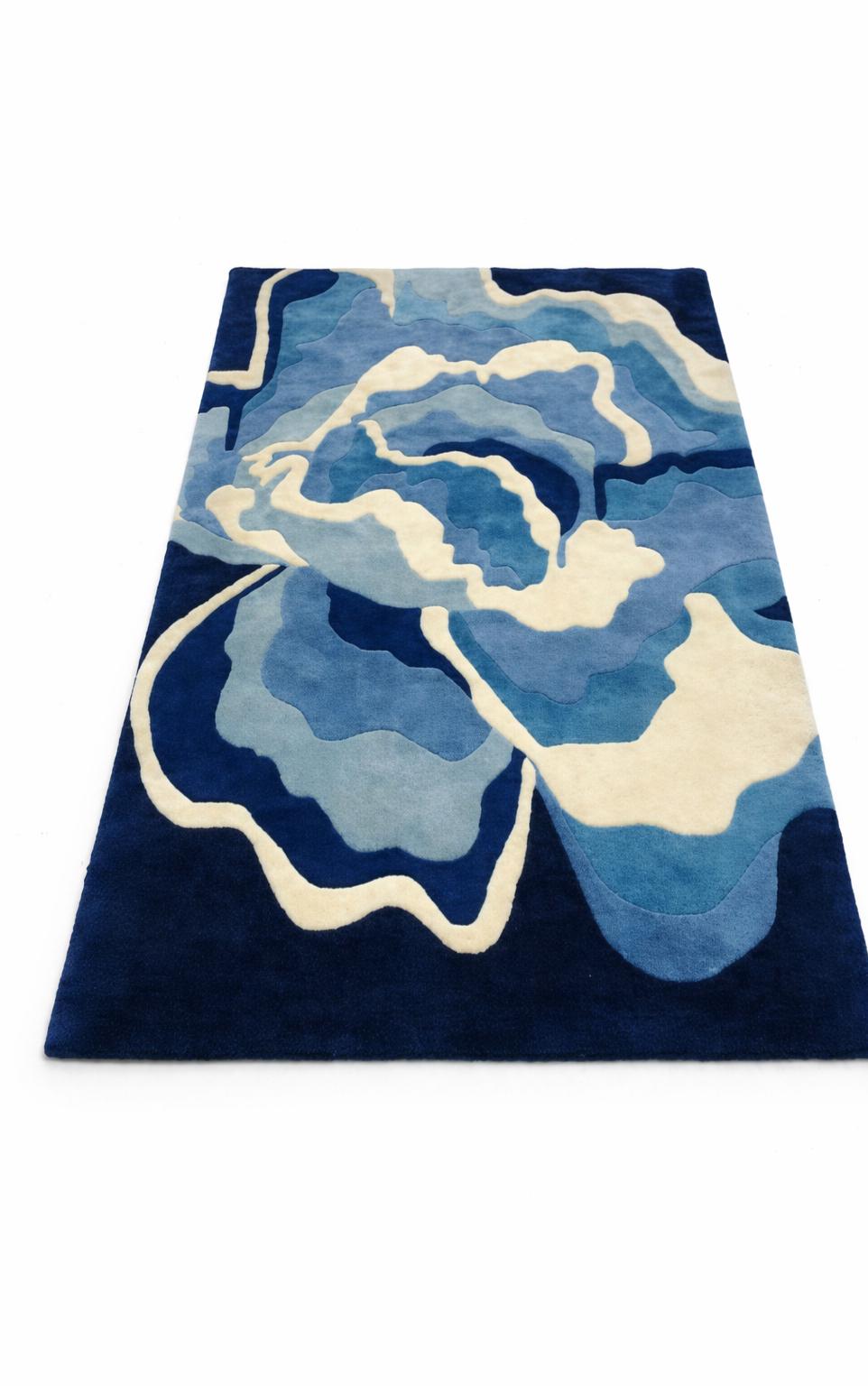 Large Blue Floral Hand Tufted Wool Rug - Abstract Modern Flower Carpet ...