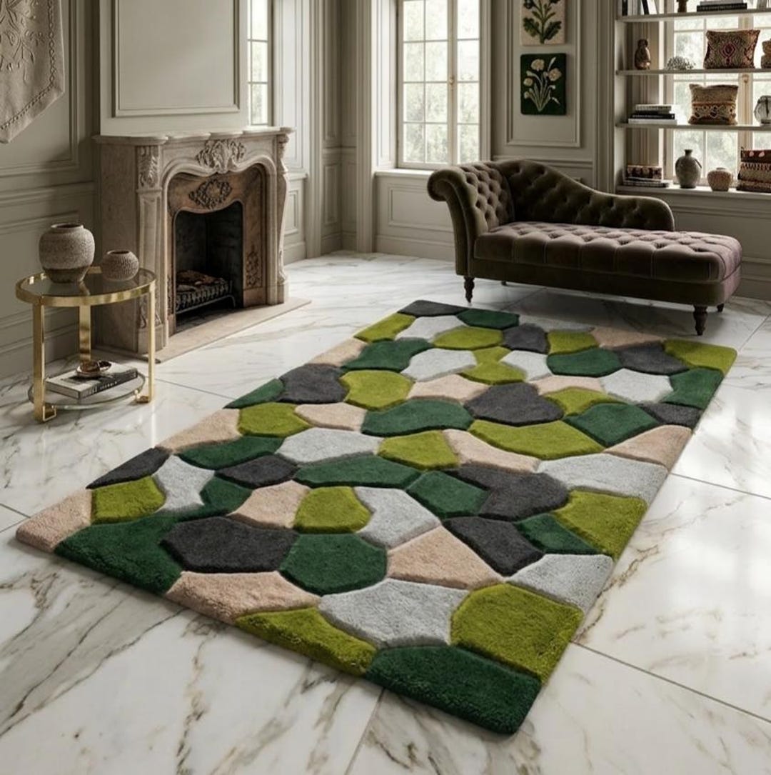 Patterned Green Rug Abstract Design Hand Tufted Abstract Green Rug, Modern Geometric Tufted Carpet, Moss ...