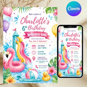 May include: A birthday invitation card featuring a watercolor illustration of a pink flamingo pool float, a yellow waterslide, a beach ball, and a rubber duck. The text reads: Make a splash at Charlotte's 6th Birthday Waterslide Bash.