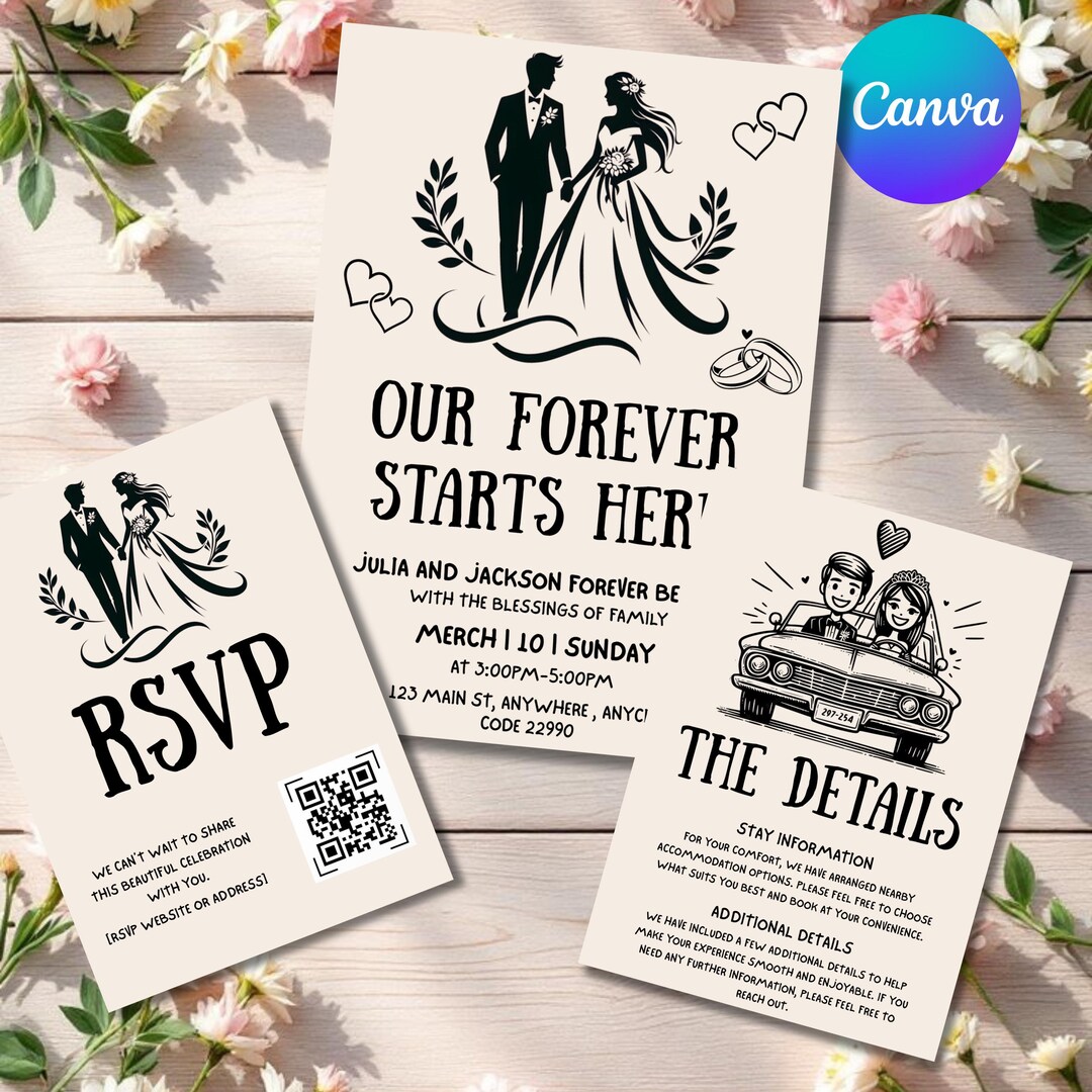 Hand-drawn Wedding Invitation Template, Editable Canva Invite (digital ...