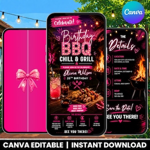 May include: Three digital smartphone screens displaying a birthday BBQ invitation template. The design features a dark background with neon pink text, a glowing grill, skewers, drinks, and a pink gift bow on a solid pink background panel.