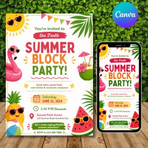 May include: A summer block party invitation flyer and a smartphone displaying the same design. The graphic features a sun, flamingo, pineapple, and watermelon slice wearing sunglasses, with text reading You're invited to the Tenth SUMMER BLOCK PARTY!