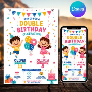 May include: A colorful double birthday celebration invitation with cartoon illustrations of children, balloons, and a cake. The invitation includes the text "Join us for a Double Birthday Celebration!" and details for the event.