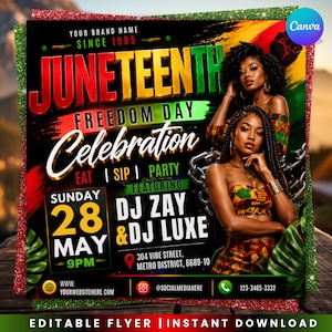 Peut inclure: Flyer de célébration de la Journée de la Liberté de la Juneteenth, avec un schéma de couleurs noir, rouge et vert. Le flyer présente le texte "Juneteenth Freedom Day Celebration" et les détails de l'événement, y compris la date, l'heure et les DJ vedettes. Deux femmes sont représentées sur le côté droit.