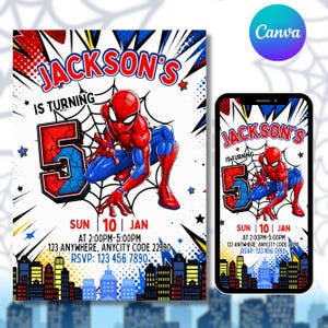 May include: A birthday invitation card featuring a comic book style illustration of a red and blue superhero character, a large number 5, and the text Jackson's is turning 5, Sun 10 Jan, at 2:00PM-5:00PM, 123 Anywhere, Anycity Code 22990, RSVP 123 456 7890.