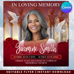 Könnte beinhalten: Gedenk-Flyer mit dem Text „IN LOVING MEMORY“ und „Jasmine Smith“. Das Design zeigt ein Porträt einer Frau, Tauben, Rosen und Veranstaltungsdetails. Der Flyer ist zum sofortigen Download verfügbar.