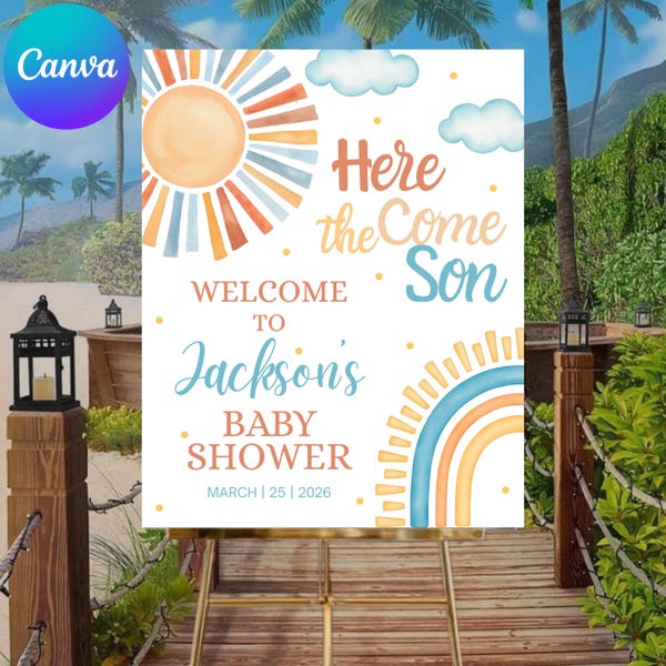 Boho Sunshine Baby Shower Welcome Sign, Here Comes Son (Digital Download)