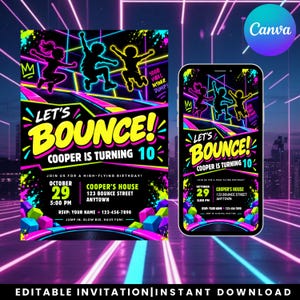 Puede incluir: Una plantilla de invitación de cumpleaños con temática de neón que muestra siluetas de niños saltando en un trampolín. El texto dice Let's Bounce! Cooper is turning 10, October 29, 5:00 PM, Cooper's House, 123 Bounce Street, Anytown, RSVP: Your Name 123-456-7890.
