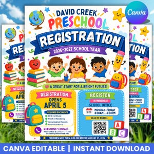 May include: Colorful preschool registration flyer with the text "David Creek Preschool Registration 2026-2027 School Year." Features cartoon children, backpacks, pencils, and apples. Includes registration details and contact information.