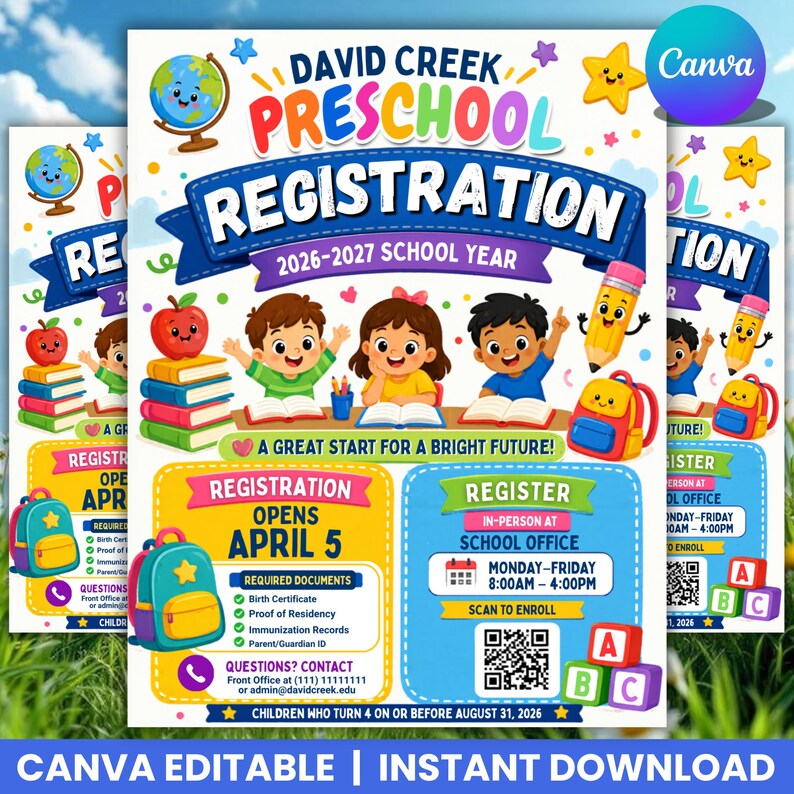 Preschool Registration Flyer Template, Editable School Enrollment ...